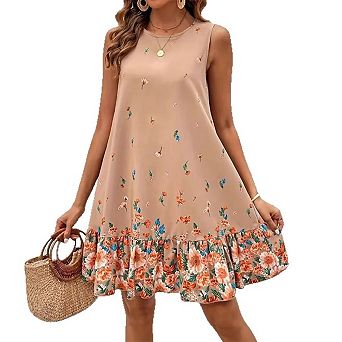 Women's Mini Boho Floral Sleeveless Fashion Loose-Fit A-line Midi-Length Casual Dress