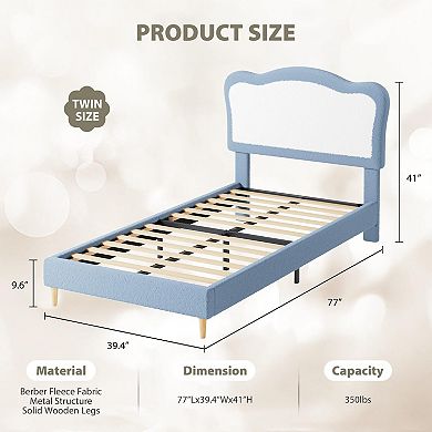 Bed Frame with Scallop Headboard, Upholstered Berber Fleece Platform Bed, No Box Spring Needed