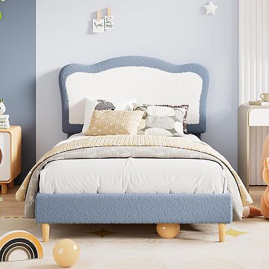 Bed Frame with Scallop Headboard, Upholstered Berber Fleece Platform Bed, No Box Spring Needed