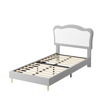 Bed Frame with Scallop Headboard, Upholstered Berber Fleece Platform Bed, No Box Spring Needed