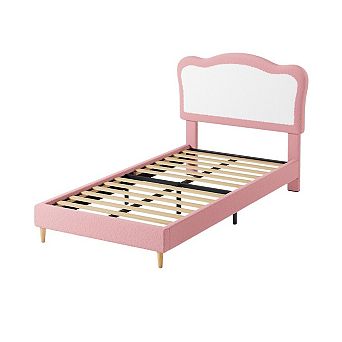Bed Frame with Scallop Headboard, Upholstered Berber Fleece Platform Bed, No Box Spring Needed