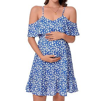 Women's Ruffled V‑Neck Spaghetti Strap Daisy Print Maternity Dress Casual Pregnancy Sundress