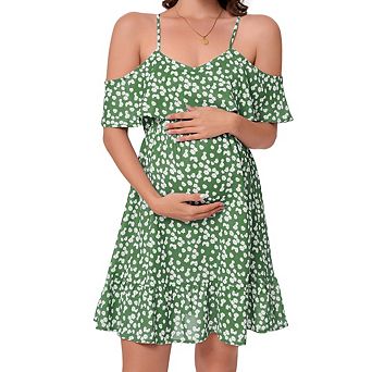Women's Ruffled V‑Neck Spaghetti Strap Daisy Print Maternity Dress Casual Pregnancy Sundress