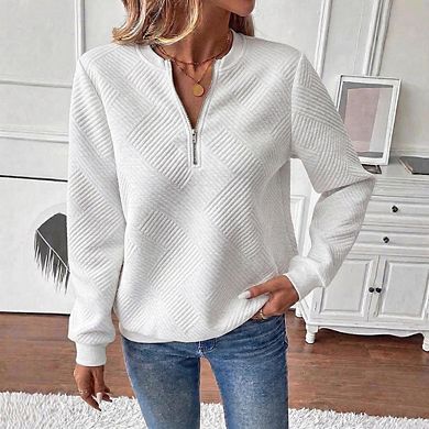 Women's Diamond Quilted Half Zip Sweatshirt, Casual Loose Stand Collar Pullover Top for Fall Winter