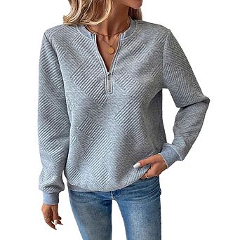 Women's Diamond Quilted Half Zip Sweatshirt, Casual Loose Stand Collar Pullover Top for Fall Winter