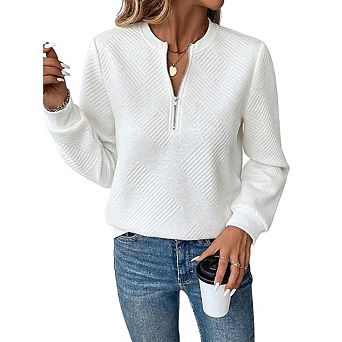 Women's Diamond Quilted Half Zip Sweatshirt, Casual Loose Stand Collar Pullover Top for Fall Winter
