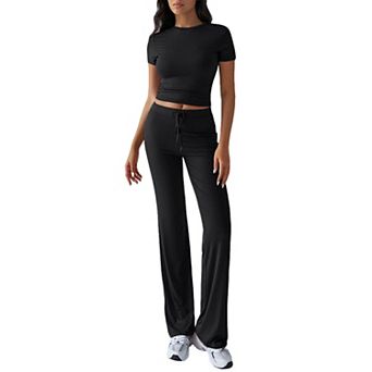 Women's Short Sleeve Cropped Tee Top Crew Neck Silm Fit Summer Casual Shirt Long Pants 2 pc Set