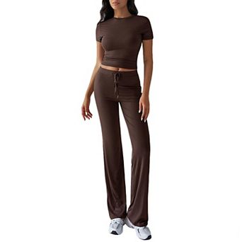 Women's Short Sleeve Cropped Tee Top Crew Neck Silm Fit Summer Casual Shirt Long Pants 2 pc Set