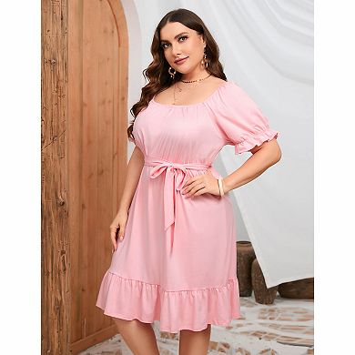 Plus Size Off‑Shoulder Tie‑Waist Ruffle Hem Casual Dress