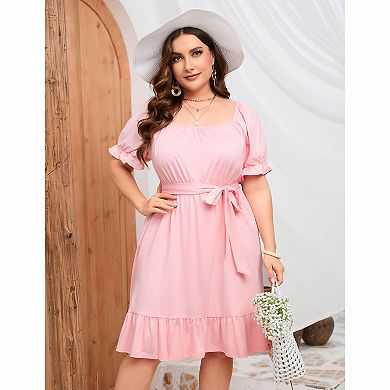 Plus Size Off‑Shoulder Tie‑Waist Ruffle Hem Casual Dress