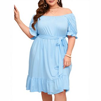 Plus Size Off‑Shoulder Tie‑Waist Ruffle Hem Casual Dress