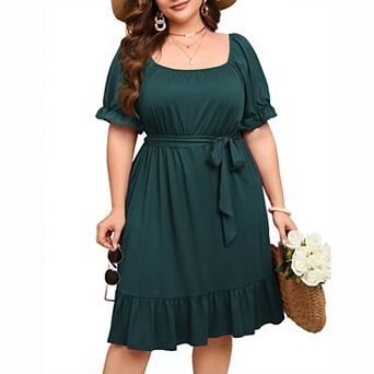 Plus Size Off‑Shoulder Tie‑Waist Ruffle Hem Casual Dress