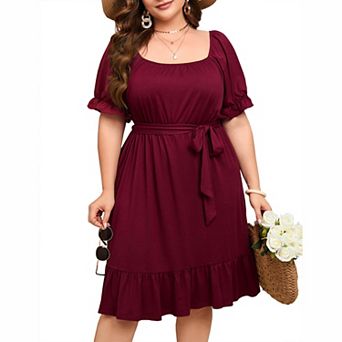 Plus Size Off‑Shoulder Tie‑Waist Ruffle Hem Casual Dress