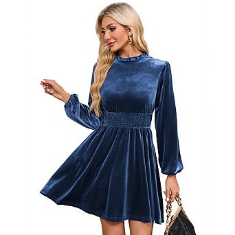 Women's Casual Dress, High-Neck Long-Sleeve Mini Ruffle Casual Waist-Tie Dress
