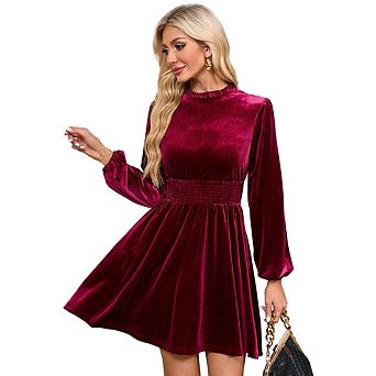 Women's Casual Dress, High-Neck Long-Sleeve Mini Ruffle Casual Waist-Tie Dress