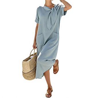 Women Midi Dress Bow Neck Loose Fit Shift Sleeveless Casual Summer Sundress with Pockets