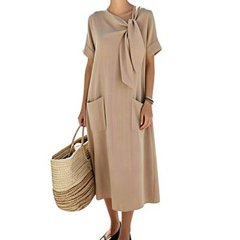 Women Midi Dress Bow Neck Loose Fit Shift Sleeveless Casual Summer Sundress with Pockets