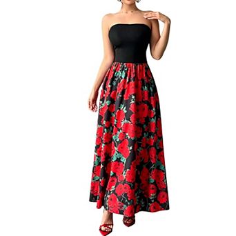 Women Smocked Floral Maxi Dress Strapless with Pockets Casual Summer Beach Wedding Guest