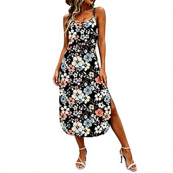 Women Spaghetti Strap Tiered Midi Dress Floral Tie-Dye Bohemian Summer Sundress