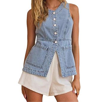 Denim Vest for Women Button Up Dressy Sleeveless Blazer Long Jean Tank Top with Pockets