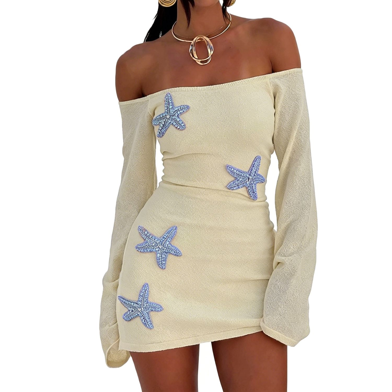 Женские платья Women Off Shoulder Starfish Applique Bodycon Mini Dress Casual Beach Party