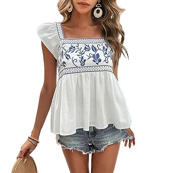 Women's Floral Embroidery Peplum Blouse Flutter Sleeve Square Neck Summer Tops Beachwear