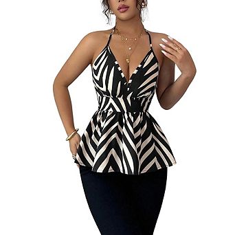 Women's Halter V-Neck Peplum Top Zebra Print Backless Sleeveless Cami Blouse for Casual Daily