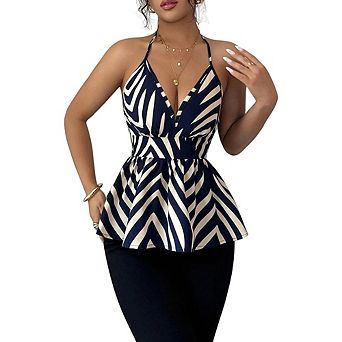 Women's Halter V-Neck Peplum Top Zebra Print Backless Sleeveless Cami Blouse for Casual Daily