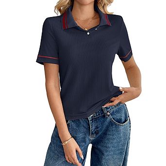 Women's Contrast Striped Polo Collar Short Sleeve Knit Top Slim Ribbed Retro Preppy Casual T-Shirt