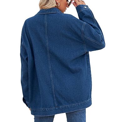 Womens Denim Jackets Casual Long Sleeve Drop Shoulder Button Front Jean Coats With Pockets