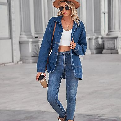 Womens Denim Jackets Casual Long Sleeve Drop Shoulder Button Front Jean Coats With Pockets