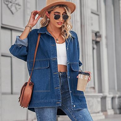 Womens Denim Jackets Casual Long Sleeve Drop Shoulder Button Front Jean Coats With Pockets
