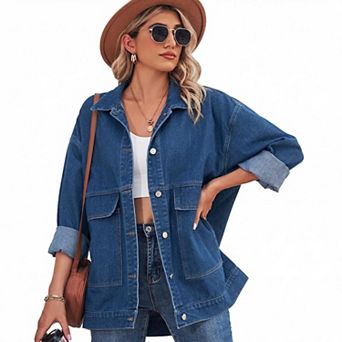 Womens Denim Jackets Casual Long Sleeve Drop Shoulder Button Front Jean Coats With Pockets