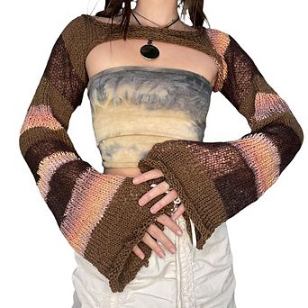 Women's Crochet Cropped Shrugs Y2k Hollow Out Long Sleeve Knit Sweater Tops