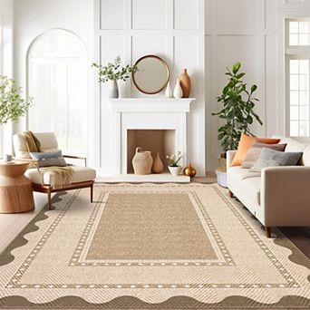 Modern Neutral Geometric Border Area Rug, Non-Slip Low Pile Washable Carpet for Living Room Bedroom
