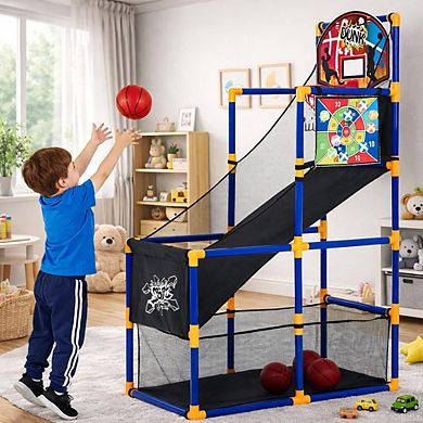 2-in-1 Kids Basketball Arcade Game Set, Height Adjustable Hoop with Dart Toss Game