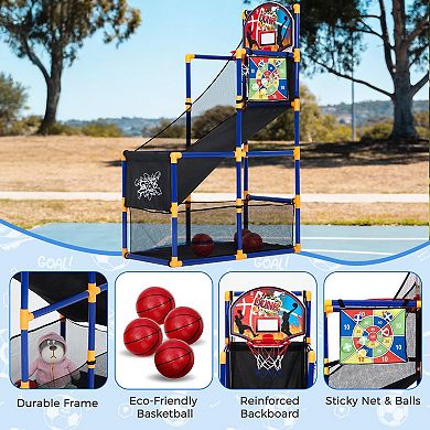 2-in-1 Kids Basketball Arcade Game Set, Height Adjustable Hoop with Dart Toss Game