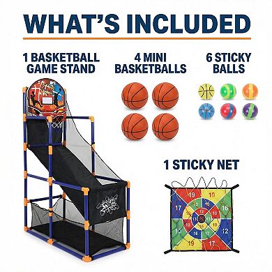2-in-1 Kids Basketball Arcade Game Set, Height Adjustable Hoop with Dart Toss Game