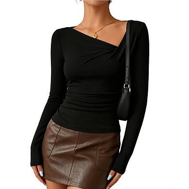 Women's Asymmetrical Neck Twist Front Long Sleeve Form-Fitting Blouse Casual Ribbed Knit Top