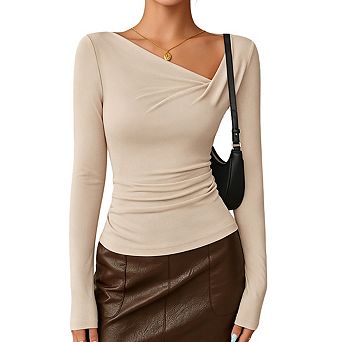 Women's Asymmetrical Neck Twist Front Long Sleeve Form-Fitting Blouse Casual Ribbed Knit Top