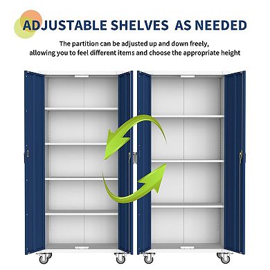 71" Rolling Lockable Metal Storage Cabinet, Heavy Duty Steel Cabinet with 4 Adjustable Shelves