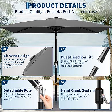 10x6.5ft Rectangular Patio Umbrella with Solar LED Lights Outdoor Market Table Sun Shade