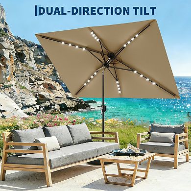 Solar Rectangular Patio Umbrella 10' x 6.5' with LED Lights UV Protection, Fade Resistant