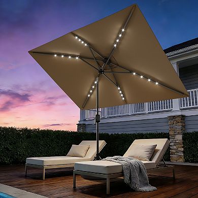 Solar Rectangular Patio Umbrella 10' x 6.5' with LED Lights UV Protection, Fade Resistant