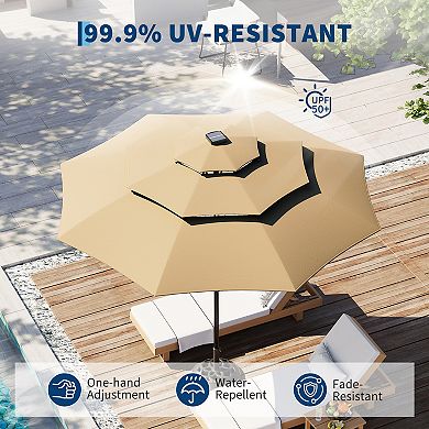 10Ft 3-Tier Solar Patio Umbrella with LED Lights, Vented Canopy for Wind Resistance & Airflow