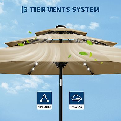 10Ft 3-Tier Solar Patio Umbrella with LED Lights, Vented Canopy for Wind Resistance & Airflow