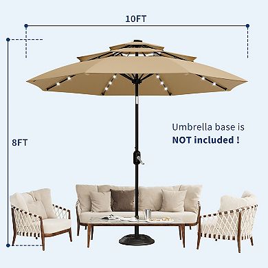 10Ft 3-Tier Solar Patio Umbrella with LED Lights, Vented Canopy for Wind Resistance & Airflow
