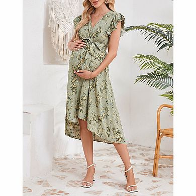 Women's Floral High‑Low Maternity Midi Dress