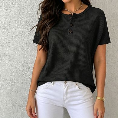 Womens Waffle Knit Henley Top Short Batwing Sleeves Button Casual Top