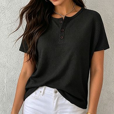 Womens Waffle Knit Henley Top Short Batwing Sleeves Button Casual Top